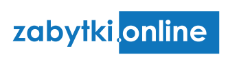 Logotyp składa się z niebieskiego napisu: zabytki na białym tle i białego napisu: online na niebieskim tle. 