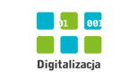 Logotyp składa się ze znaku graficznego, który jest kompozycją niebiesko zielonych kwadratów. Pod znakiem napis: Digitalizacja.